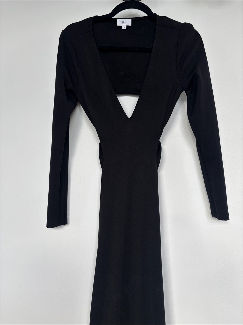 LPA Black Long-Sleeve V-Neck Cutout Midi Dress with Side Panels